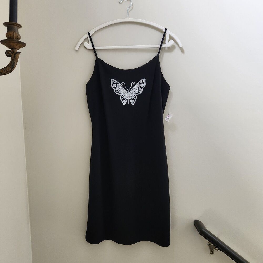 Vtg Early 2000s/Y2K Black Mini Dress Glitter Butterfly Sz L Fairycore Coachella